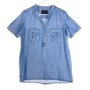 Richard Chai Shirt Womens L Blue Chambray Denim Casual Button Collarless Henley